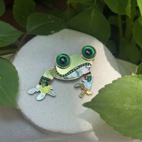 🏖️LIZTECH Retro Mirrored Glass Bead Frog BROOCH - Picture 3 of 8
